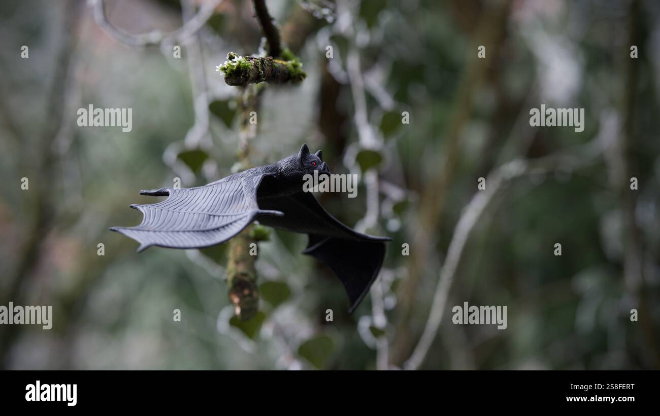 Un pipistrello di gomma che vola attraverso una foresta incantata. Foto Stock