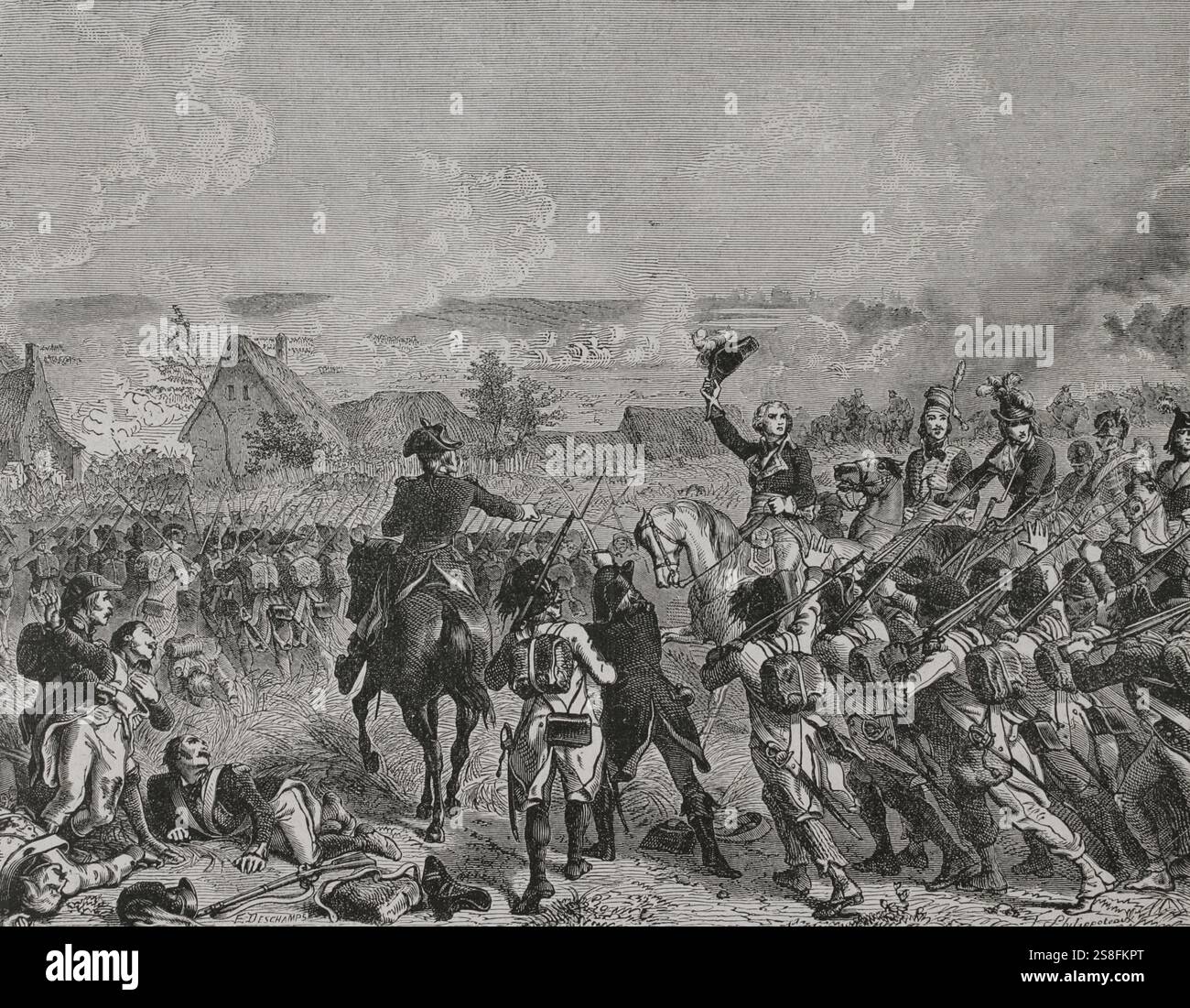 Guerre rivoluzionarie francesi. Campagna delle Fiandre. Battaglia di Fleurus (26 giugno 1794). L'esercito francese al comando del generale Jean-Baptiste Jourdan, sconfisse l'esercito della coalizione (Hannover, Repubblica olandese, monarchia asburgica e Gran Bretagna), comandato dal principe Giosia di Sassonia-Coburgo-Saalfeld. Disegno di Felix Philippoteaux. Incisione di Emile Deschamps. Storia. Autore: Félix Philippoteaux (1815-1884). Artista francese. Emile Deschamps (1822-1893). Incisore francese. Foto Stock
