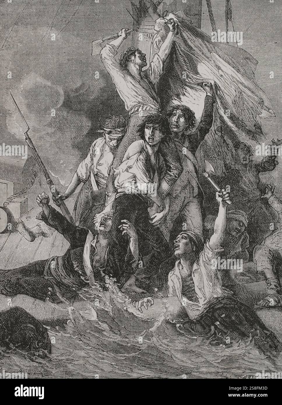 Guerre rivoluzionarie francesi. Gloriosa prima di giugno o quarta battaglia di Ushant (1 giugno 1794). Battaglia navale tra le flotte inglesi e francesi al largo dell'isola di Ouessant, tra il 28 maggio e il 1 giugno 1794. Affondamento della nave da guerra francese Vengeur. Foto Stock