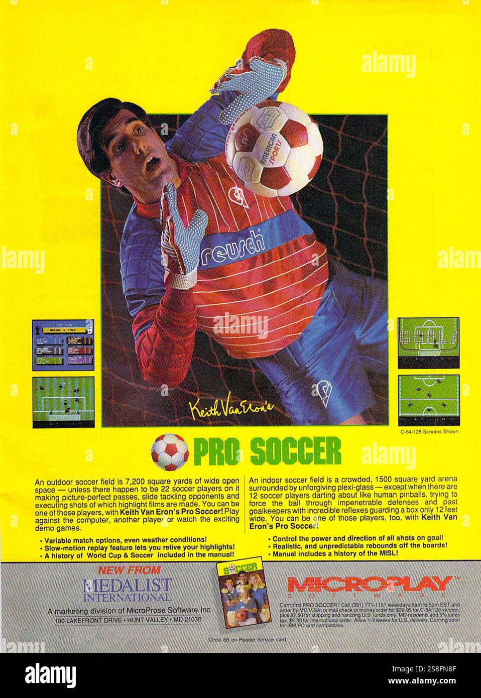 1989 annuncio video gioco per computer di calcio Microplay Pro con Keith Van Eron Foto Stock