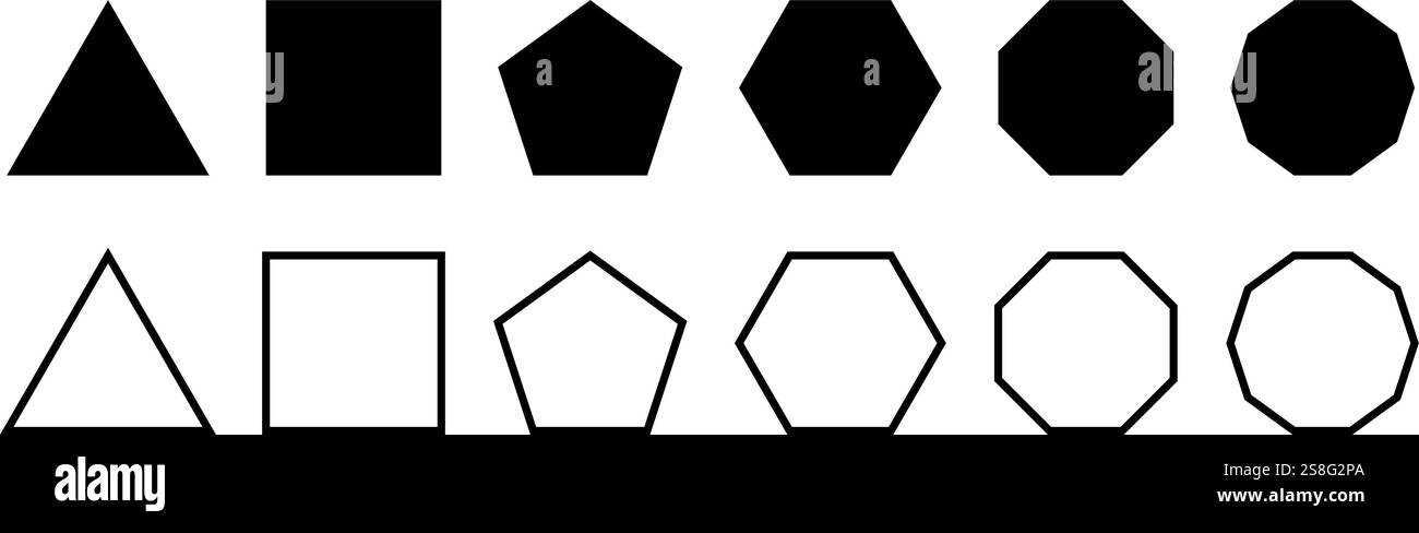 Serie di figure geometriche di base. Forme triangolari, quadrate, pentagoni ed esagonali, ottagoni e decagoni isolate su sfondo bianco. Illustrazione grafica vettoriale. Illustrazione Vettoriale