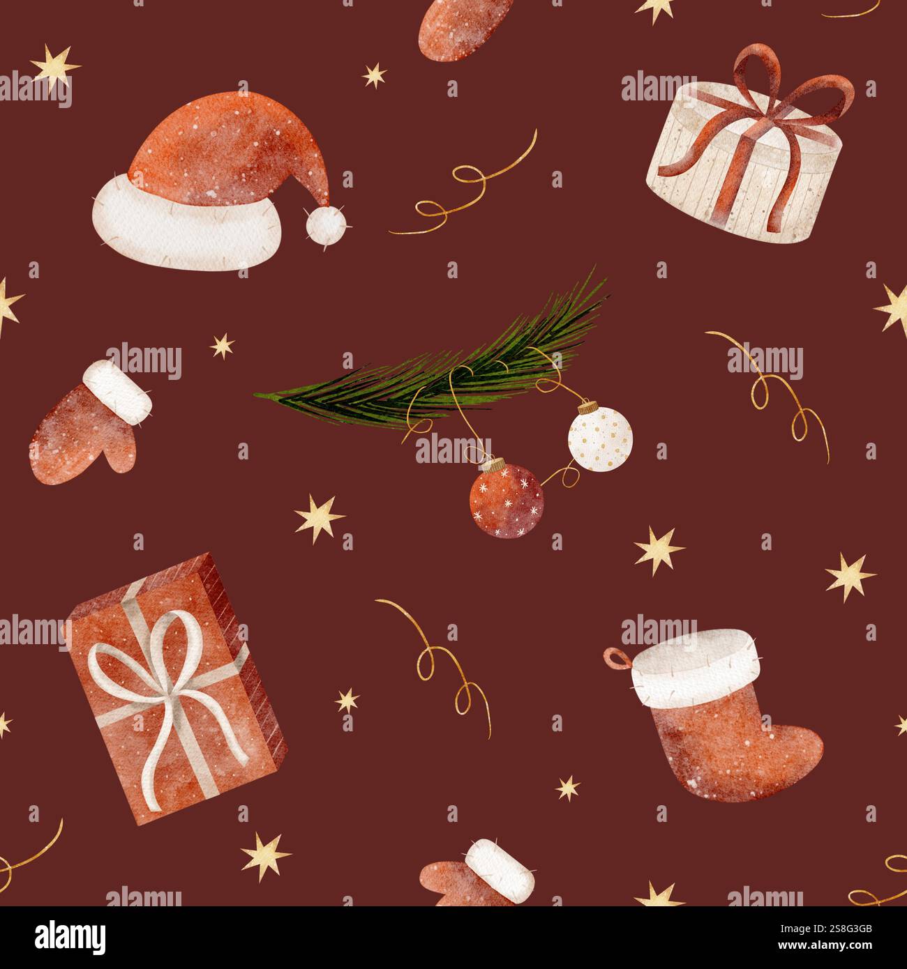 Cappello di Babbo Natale con motivo ad acquerello, calze, guanti, regali di Capodanno. Illustrazione natalizia su sfondo Bordeaux. Stampa senza cuciture per tessuti Foto Stock