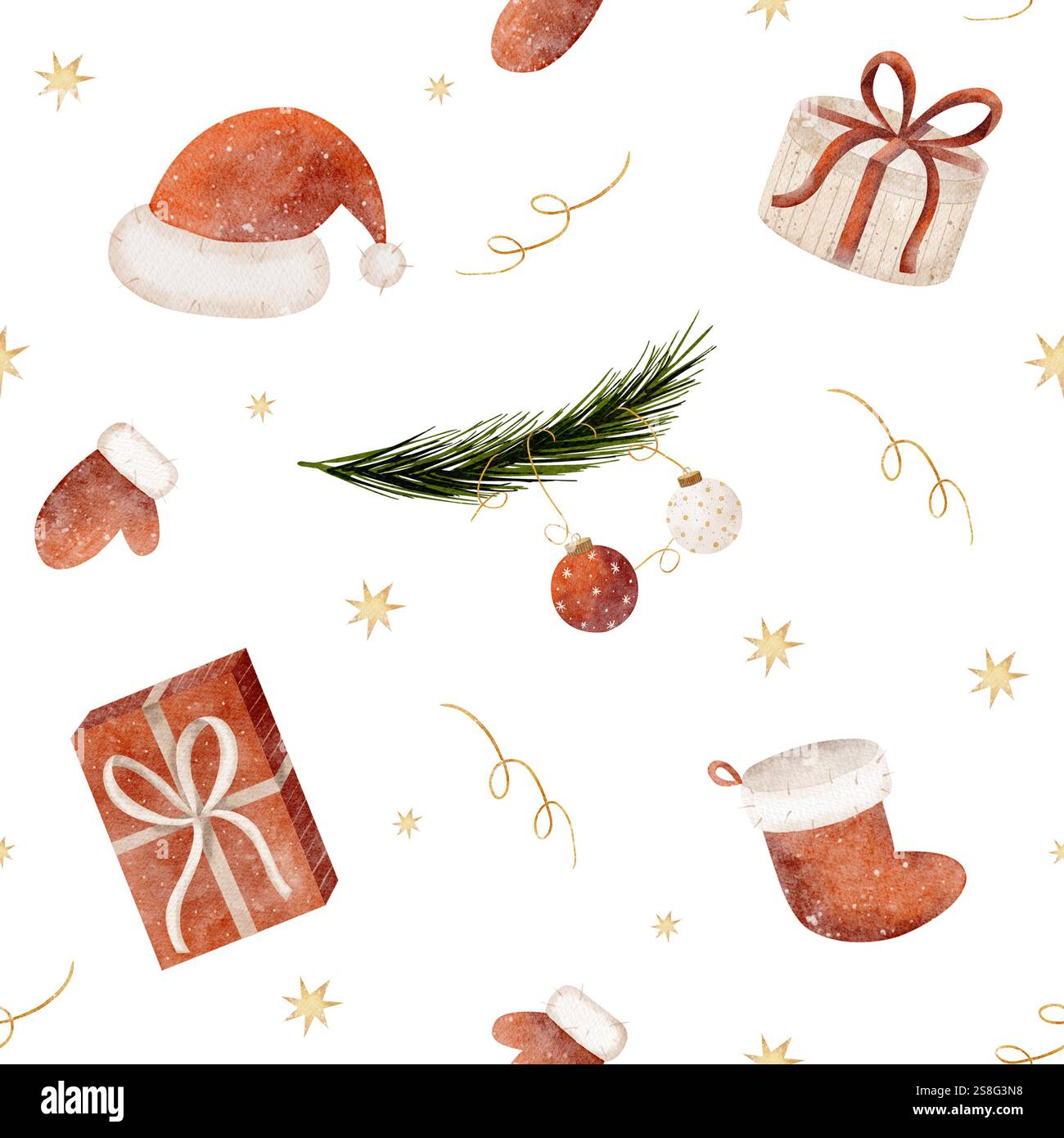 Acquerello senza cuciture Capodanno. Illustrazione natalizia cappello di Babbo Natale, calze, guanti, regali disegnati a mano su sfondo bianco per tessuti e tessuti Foto Stock