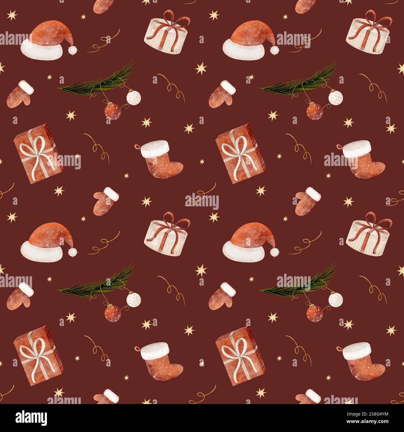 Cappello di Babbo Natale con motivo ad acquerello, calze, guanti, albero di Natale, regali di Capodanno. Illustrazione natalizia su sfondo Bordeaux. Stampa senza interruzioni Foto Stock