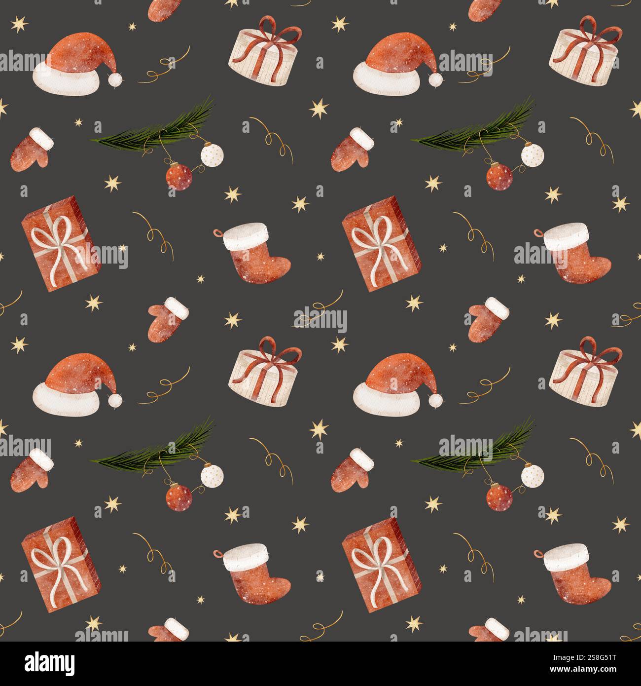 Acquerello senza cuciture Capodanno. Illustrazione natalizia cappello di Babbo Natale, calze, guanti, regali disegnati a mano su sfondo grigio scuro per i tessuti Foto Stock