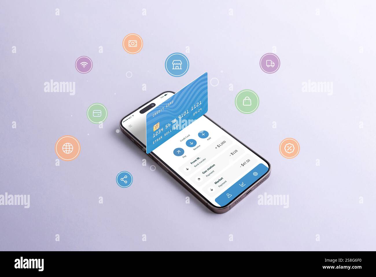 Smartphone con una carta di credito e icone fluttuanti che simboleggiano pagamenti online, acquisti e gestione delle spese tramite un'app bancaria Foto Stock