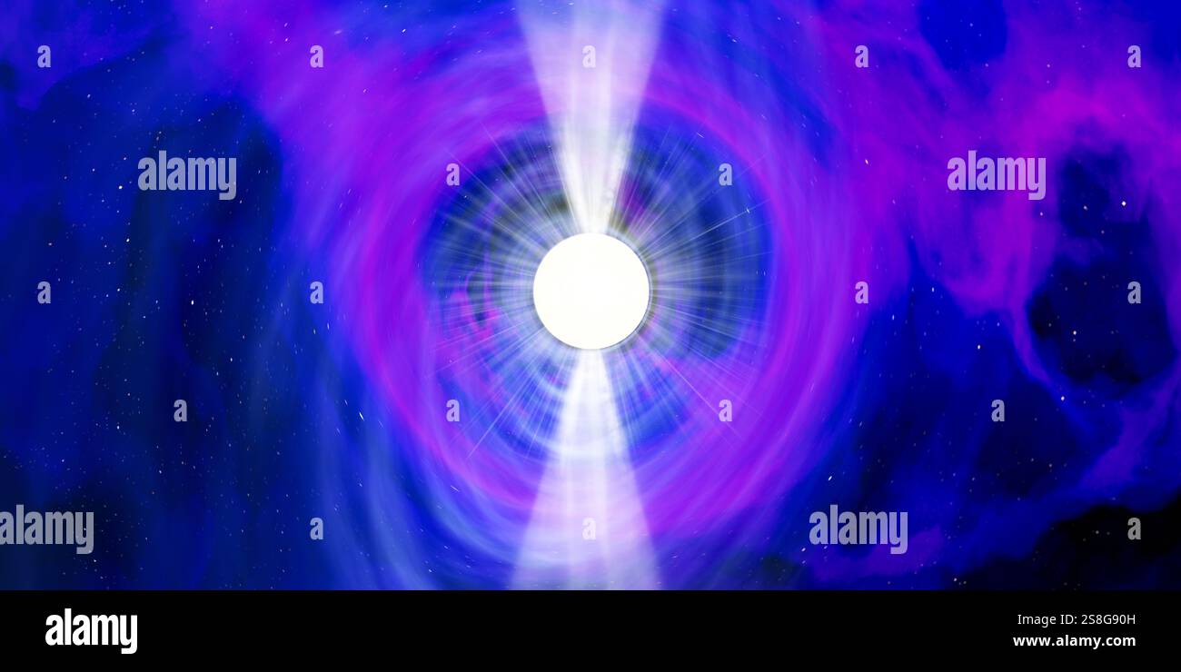 Una pulsar è una stella di neutroni rotanti altamente magnetizzata che emette fasci di radiazioni elettromagnetiche dai suoi poli magnetici. Foto Stock