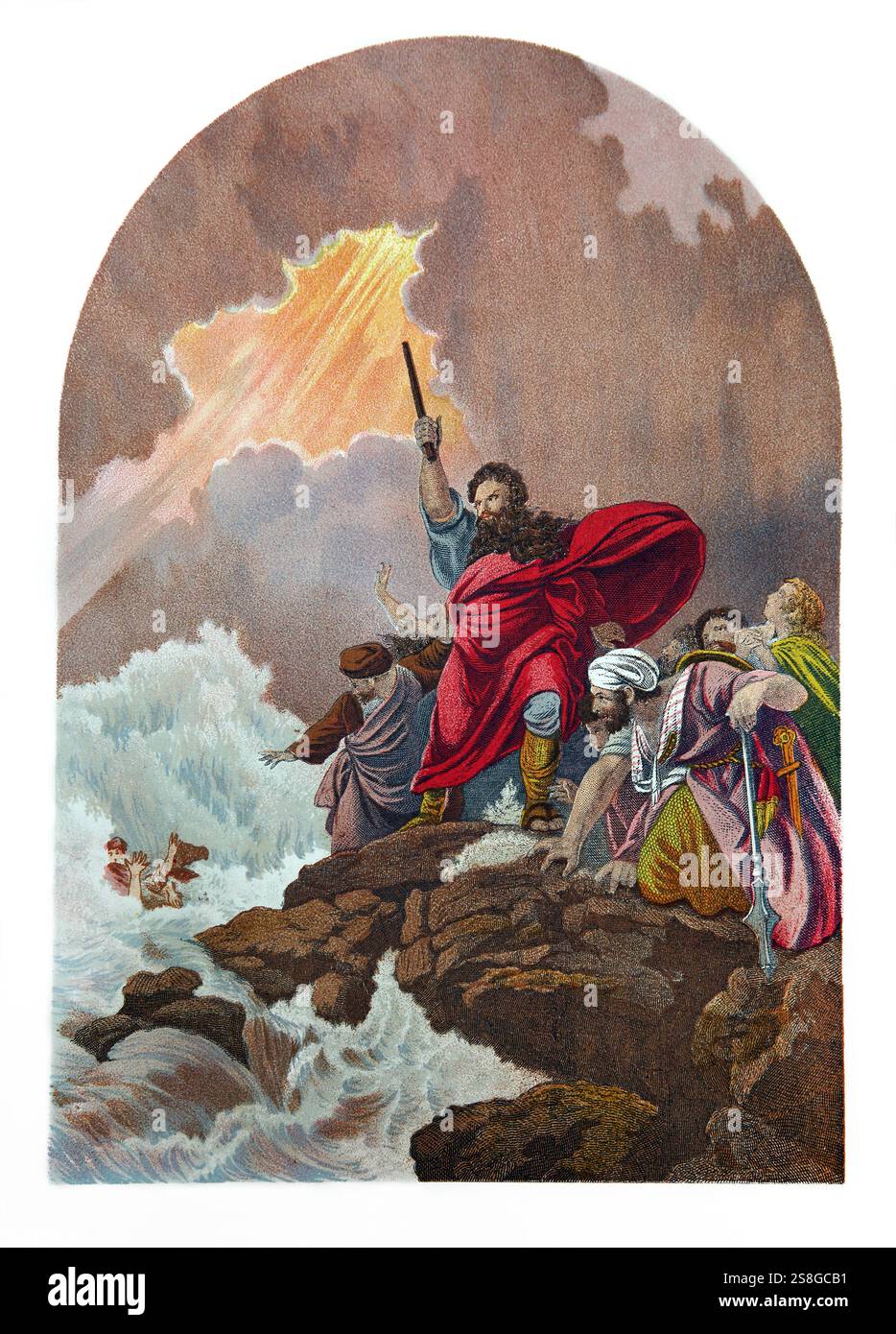 Illustrazione della distruzione dell'esercito del Faraone - Mosè allungò la sua mano sul Mar Rosso e il Mare ritornò al suo normale corso Foto Stock