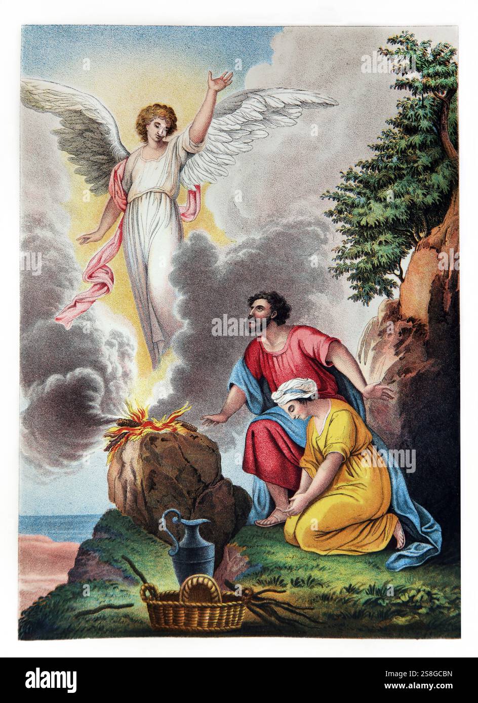 Illustrazione del sacrificio di Manoah (giudici) Manoah e sua moglie Barren che sacrificano una RAM al Signore in modo che possano avere un figlio dall'Antique 19th Centur Foto Stock