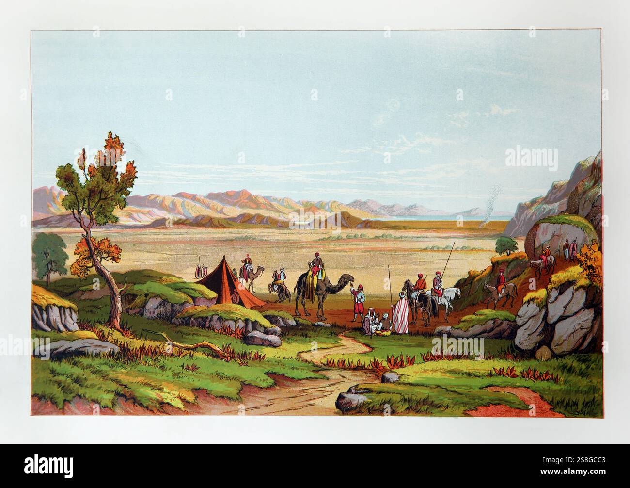 Illustrazione di persone che campeggiano nelle pianure di Gerico con il fiume Giordano e il Mar Rosso in lontananza dall'Antico XIX secolo il National I. Foto Stock