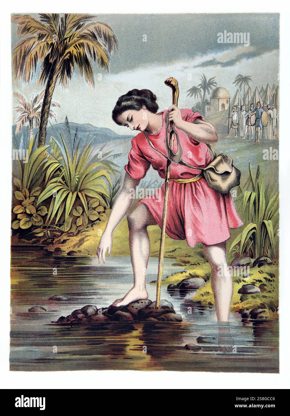 Illustrazione di David che raccoglie cinque pietre lisce dal torrente prima di andare a Golia dall'Antico XIX secolo la famiglia illustrata Nazionale Foto Stock