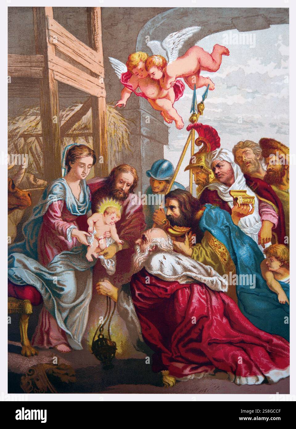 Illustrazione del Presepe tre saggi che regala oro, incenso e mirra a Gesù bambino dall'Antico XIX secolo The National Illustrated Foto Stock