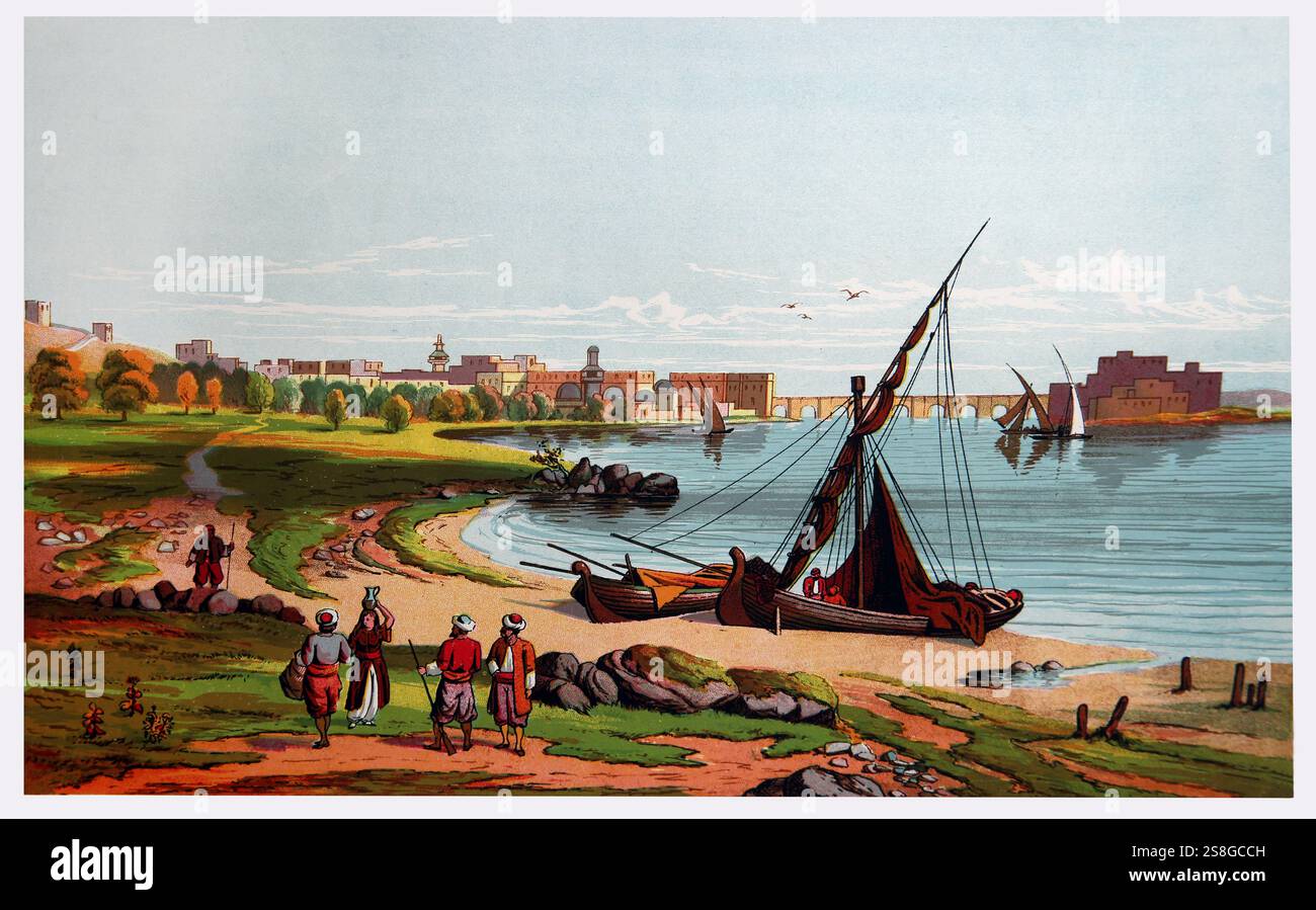 Illustrazione di una nave sulla costa di Sidone con il Castello dei Crociati dietro Un luogo biblico dove Gesù Cristo visitò dall'Antico XIX secolo Foto Stock