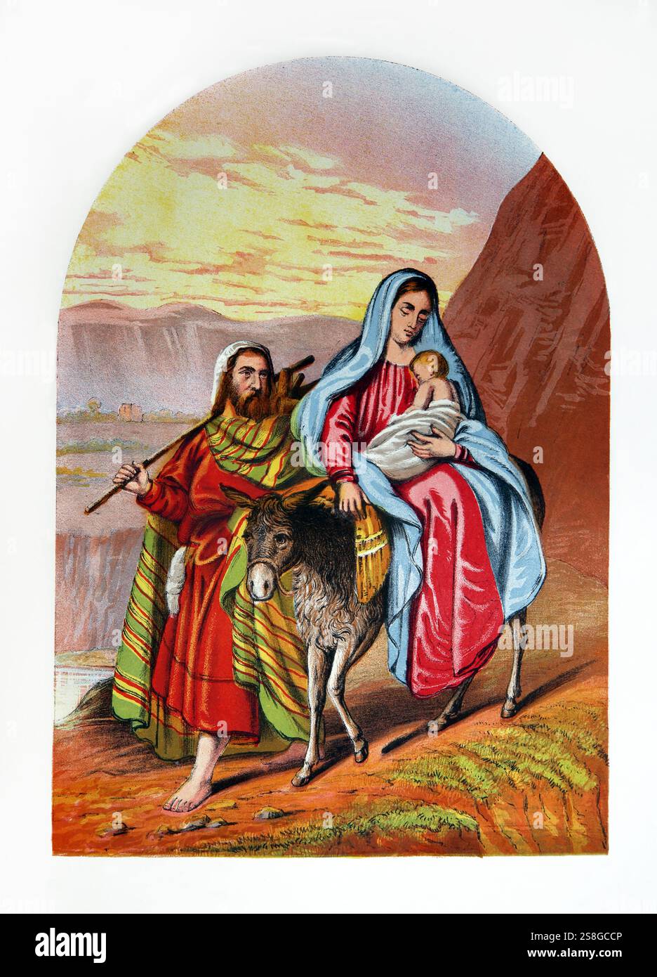 Illustrazione della fuga in Egitto dall'Antico XIX secolo la Bibbia di famiglia illustrata Nazionale - la Sacra Bibbia con commenti di Scott Foto Stock