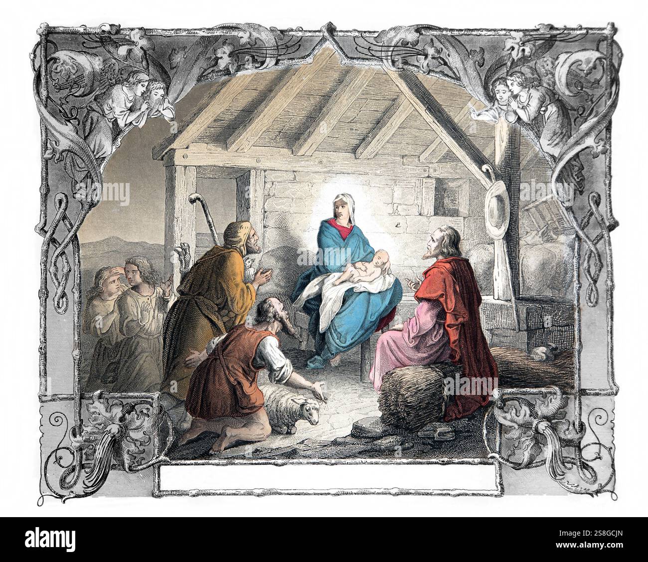 Illustrazione colorata a mano della nascita di Cristo dal 1850 Edizione della vita di Cristo di Fleetwood - la vita di nostro Signore e Salvatore Gesù Cristo essere Foto Stock Illustrazione colorata a mano della nascita di Cristo dal 1850 Edizione della vita di Cristo di Fleetwood - la vita di nostro Signore e Salvatore Gesù Cristo essere Foto Stock