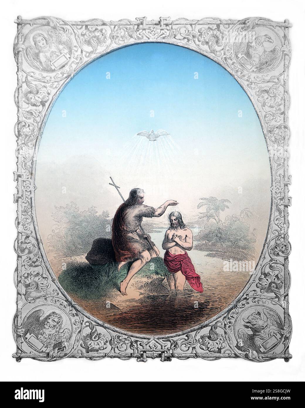 Illustrazione colorata a mano del Battesimo di Cristo di Giovanni Battista dal 1850 Edizione della vita di Cristo di Fleetwood - la vita di nostro Signore e Savio Foto Stock Illustrazione colorata a mano del Battesimo di Cristo di Giovanni Battista dal 1850 Edizione della vita di Cristo di Fleetwood - la vita di nostro Signore e Savio Foto Stock