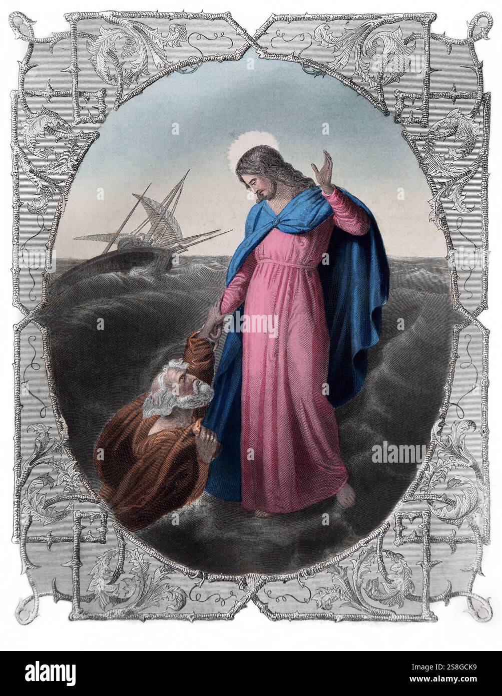 Illustrazione colorata a mano della fede di Pietro che lo ha deluso - l'apostolo Pietro uscì dalla barca e venne da Gesù che camminava sull'acqua Pietro si prese la colpa Foto Stock Illustrazione colorata a mano della fede di Pietro che lo ha deluso - l'apostolo Pietro uscì dalla barca e venne da Gesù che camminava sull'acqua Pietro si prese la colpa Foto Stock