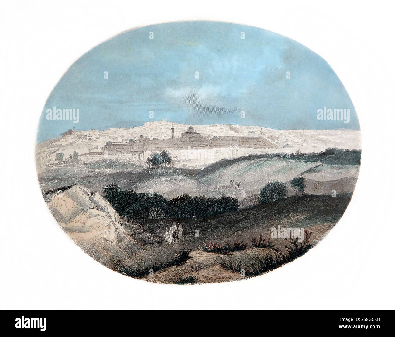 Illustrazione colorata a mano della città Santa di Gerusalemme durante il tempo di Gesù Cristo dal 1850 Edizione della vita di Cristo di Fleetwood - la vita di o Foto Stock