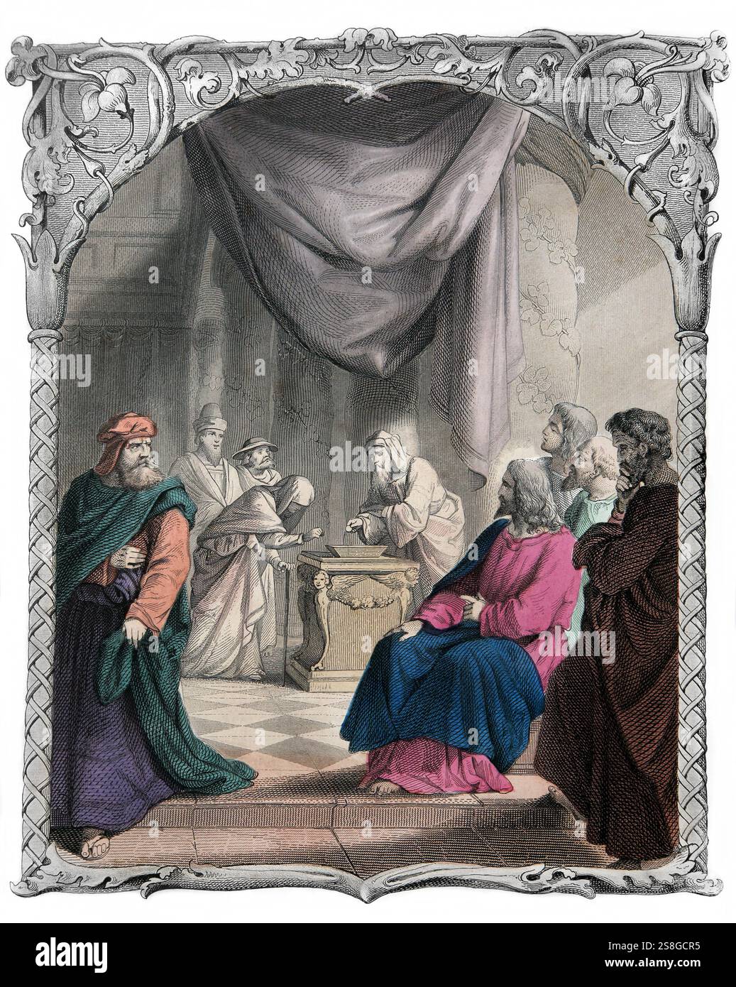 Illustrazione dell'Mito della vedova Gesù Cristo con i suoi discepoli di fronte al Tesoro, testimone della vedova che offrì due monete da 1850 Edizione di F. Foto Stock Illustrazione dell'Mito della vedova Gesù Cristo con i suoi discepoli di fronte al Tesoro, testimone della vedova che offrì due monete da 1850 Edizione di F. Foto Stock