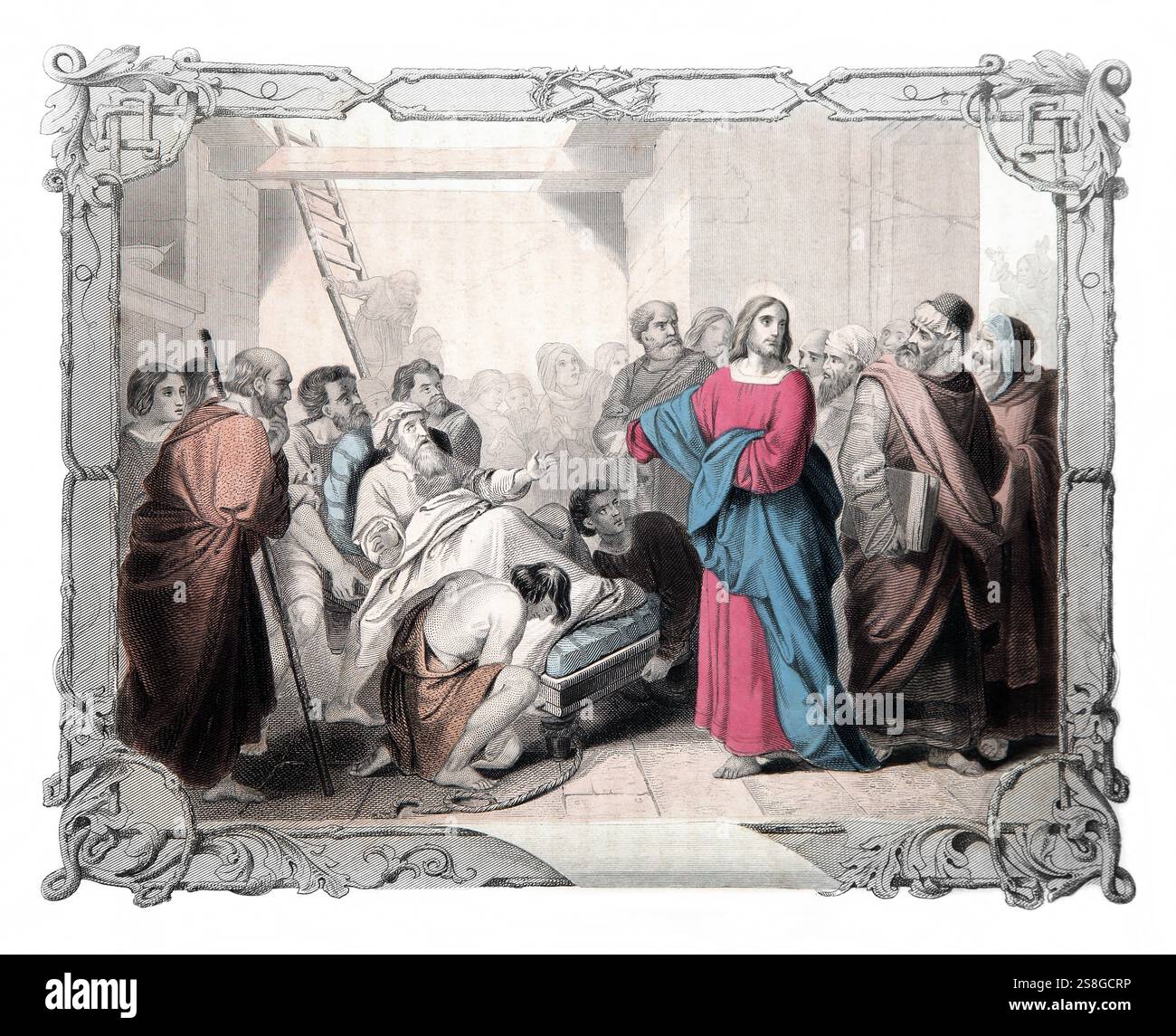 Illustrazione di un uomo paralizzato che è stato abbassato su una barella attraverso il tetto in una stanza affollata ('e lo ha deluso attraverso la Tiling')da 1850 E. Foto Stock