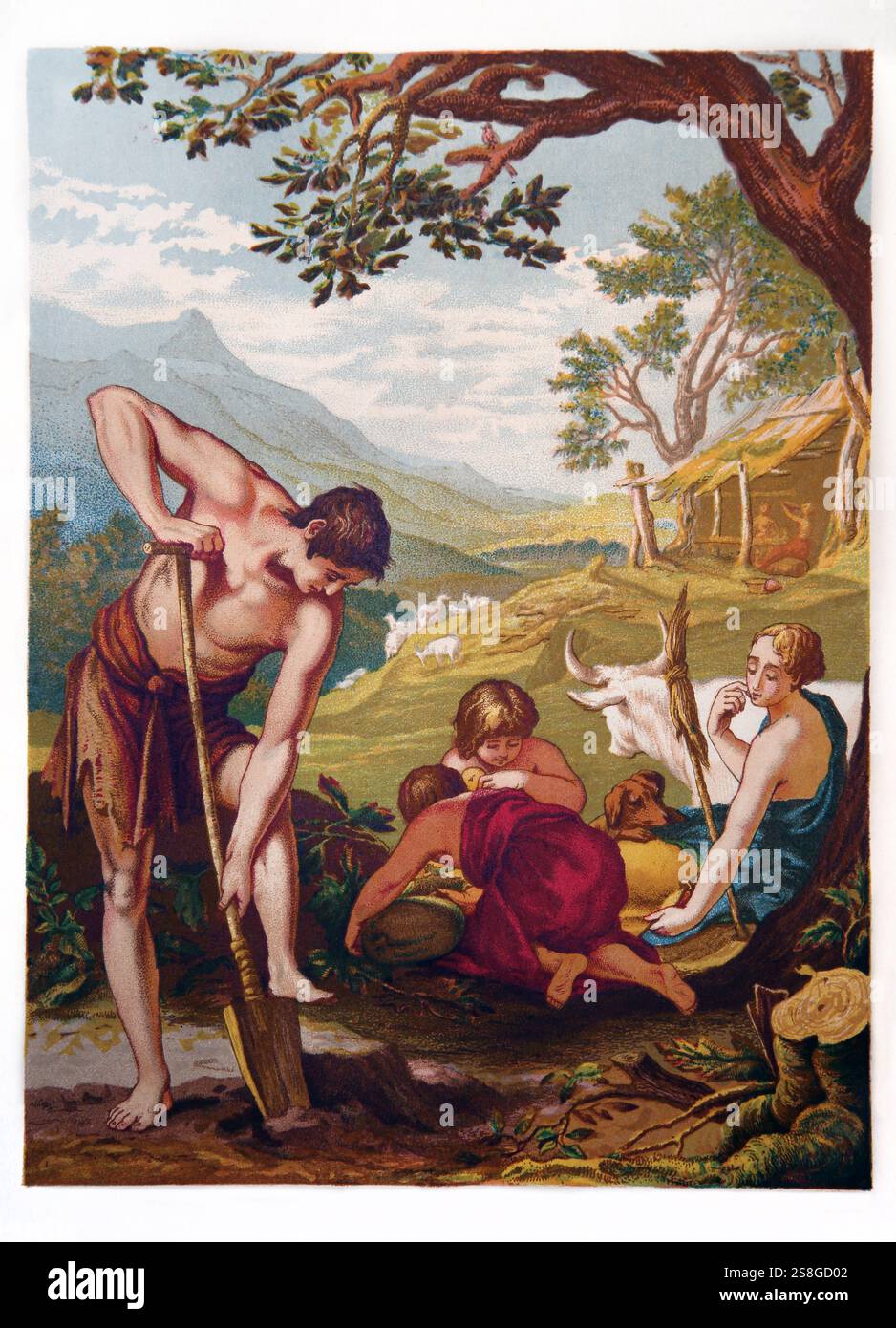 Illustrazione di Adamo ed Eva con i loro figli Caino e Abele (Genesi) dall'Antico XIX secolo la Bibbia della famiglia illustrata Nazionale - il Santo Bi Foto Stock