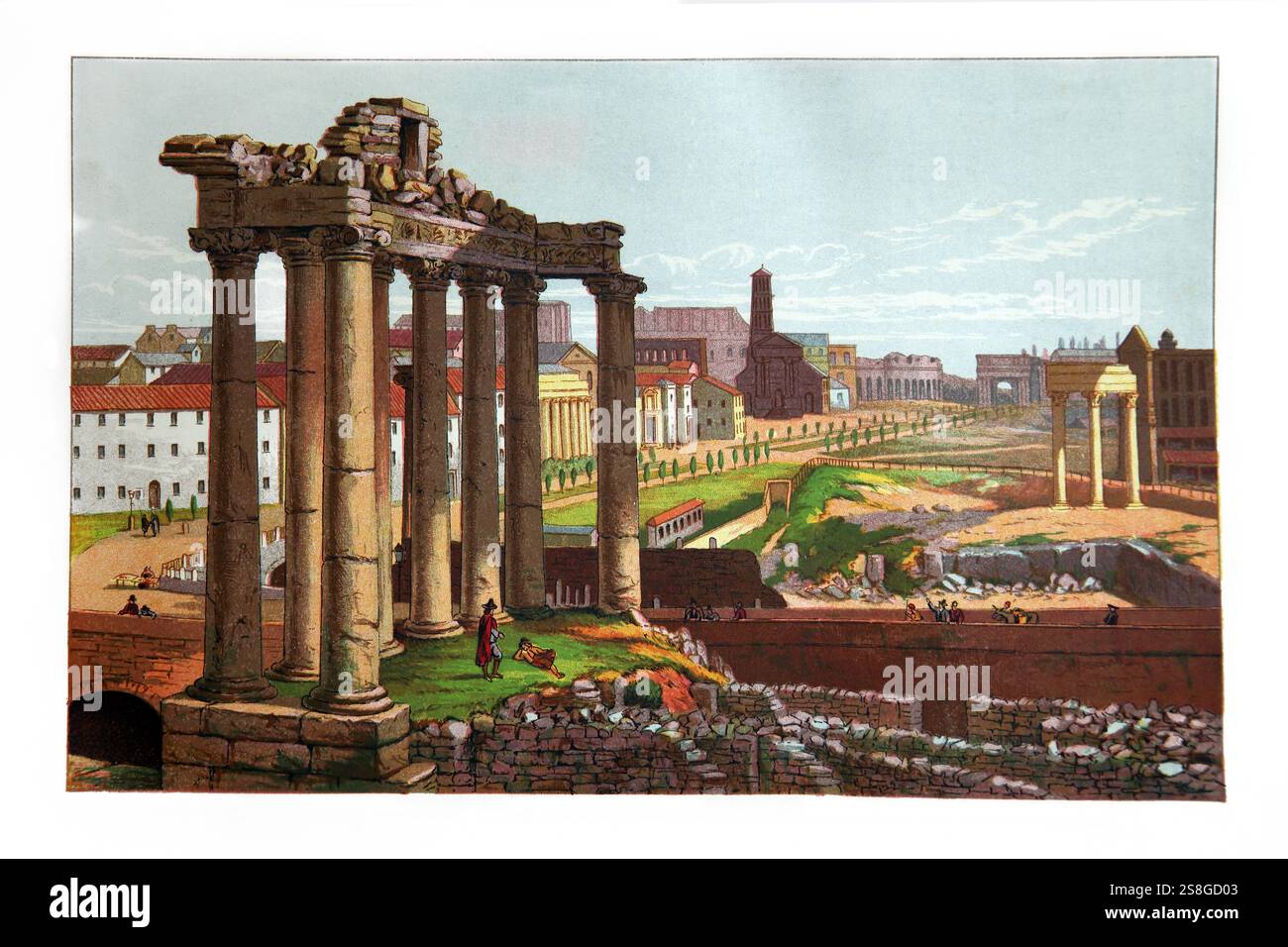 Illustrazione di Roma pagana che mostra il Tempio di Saturno, il Tempio di Antonino e Faustina, il Colosseo, l'Arco di Tito e il Tempio di Giove dall'Antico 19t Foto Stock