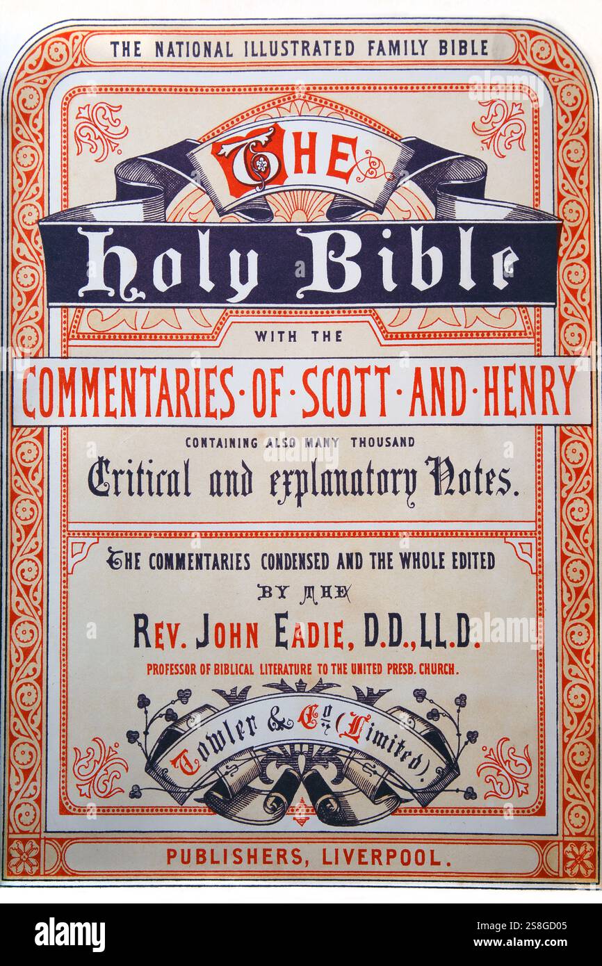 Title Page of Antique 19th Century The National Illustrated Family Bible - The Holy Bible with commentaries of Scott and Henry containing also many th Foto Stock