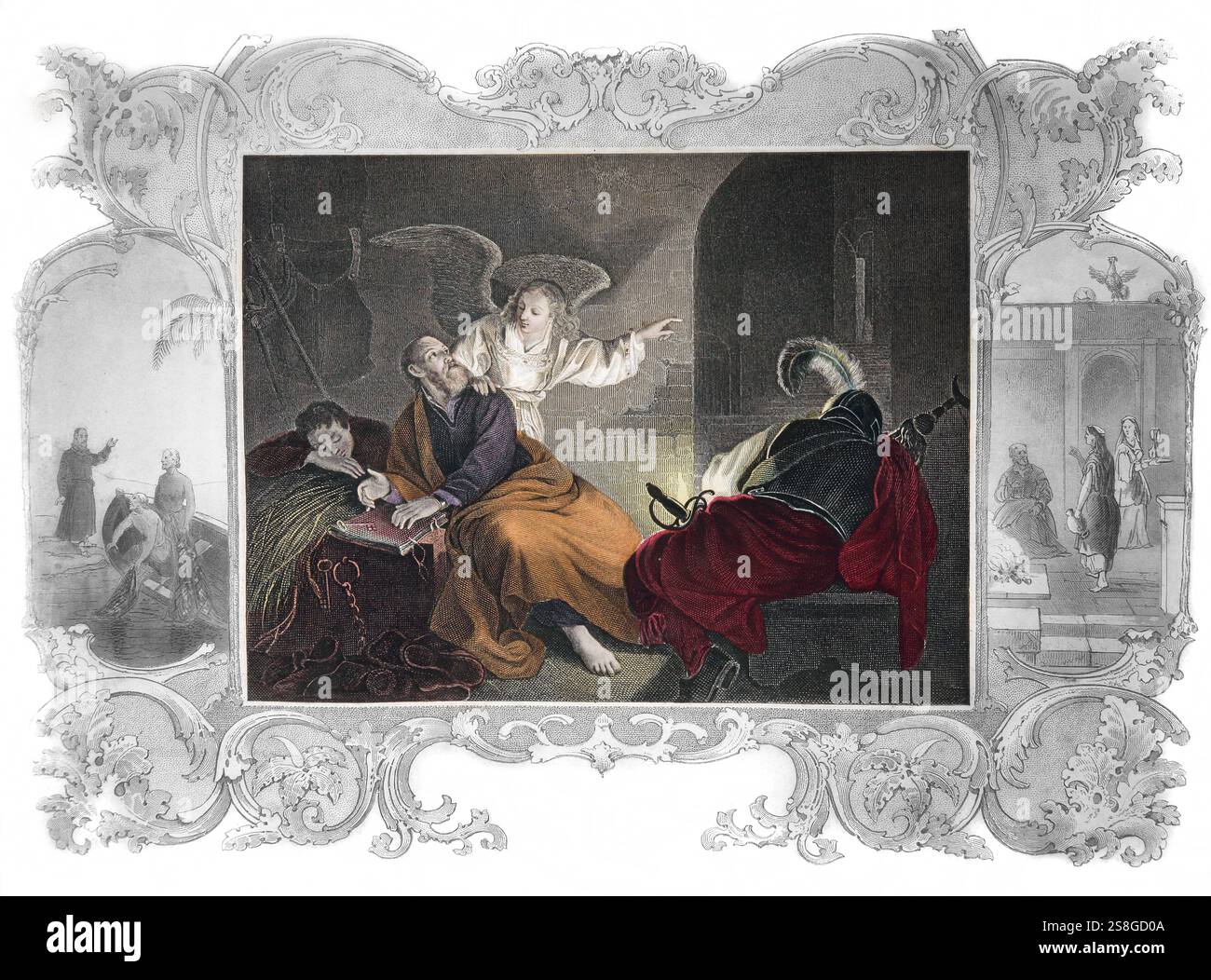 Illustrazione di Pietro rilasciato dalla prigione liberato da un Angelfrom 1850 Edizione della vita di Cristo di Fleetwood - la vita di nostro Signore e Salvatore Jesu Foto Stock