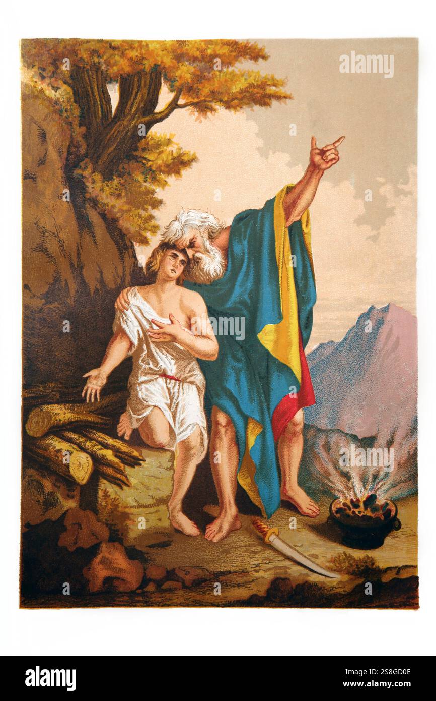 Il processo della fede di Abramo - Abramo che offre Isacco dall'Antica Ottocento la Bibbia della famiglia illustrata Nazionale - la Sacra Bibbia con commento Foto Stock