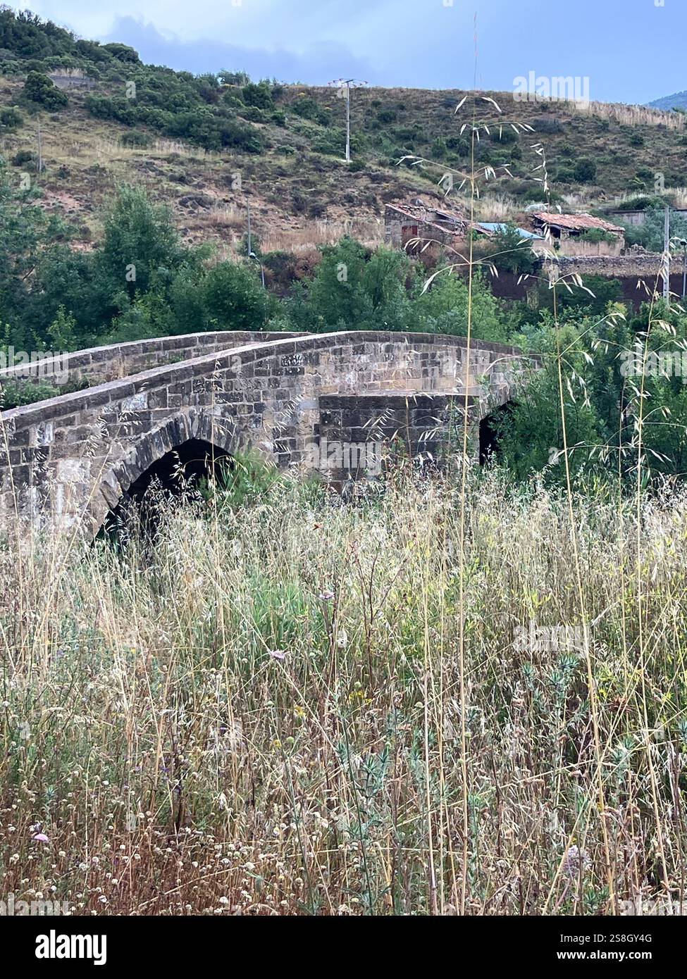 Ponte medievale che attraversa il Rio Salado in avvicinamento a Lorca, Navarra, Spaiin Foto Stock