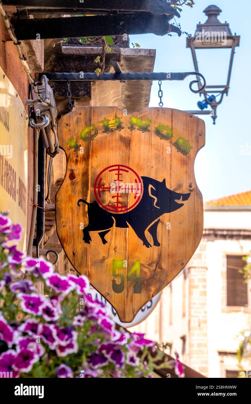 Cartello commerciale con cinghiale e bersaglio, Bosa, Europa, Provincia di Oristano, Italia Foto Stock