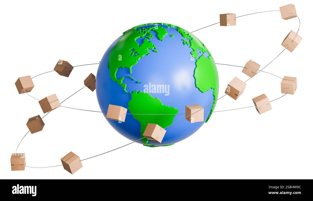 Concetto World Trade o concetto di trasporto: Scatole di cartone che ruotano intorno a un globo artificiale. Sfondo bianco puro per una migliore separazione Foto Stock