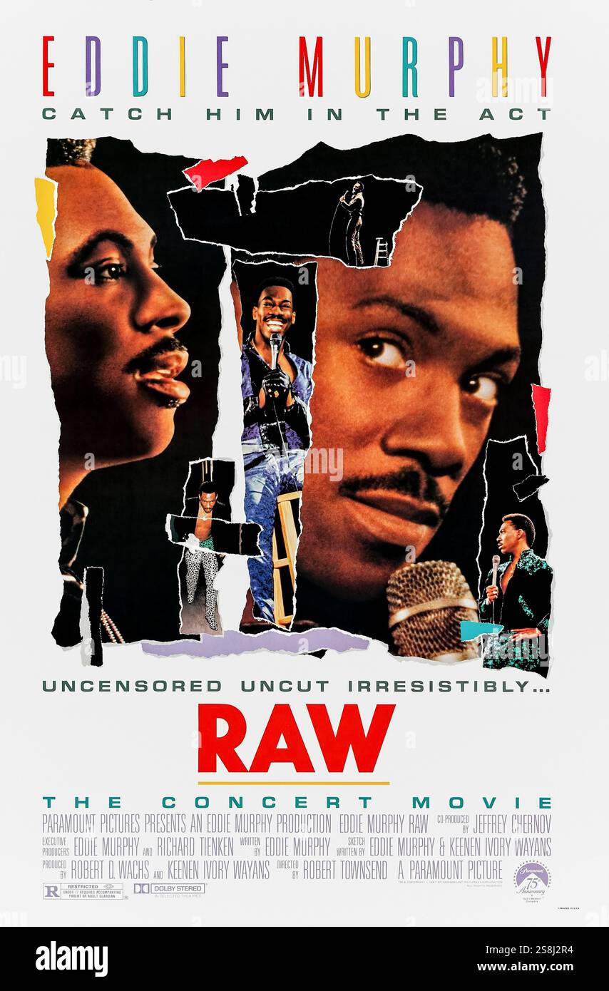 Raw (1987) diretto da Robert Townsend e interpretato da Eddie Murphy, Jeffrey Chernov e Richard Tienken. Un innovativo film per concerti che cattura le leggendarie esibizioni comiche di Eddie Murphy, con materiale non censurato e non tagliato dai suoi spettacoli dal vivo. Fotografia di un poster originale del 1987 USA a un foglio SOLO PER USO EDITORIALE. Credito: Immagini BFA/Paramount Foto Stock