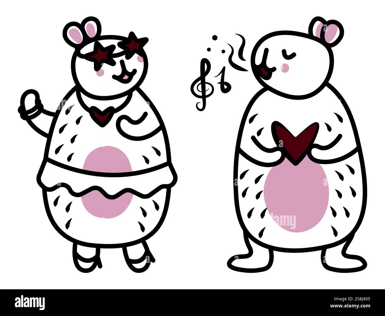 Due capybaras ballano e cantano, doodle vettoriale con linea nera, atmosfera festosa, personaggi kawaii alla moda, grandi roditori amichevoli per una cartolina, pagina da colorare, fa Illustrazione Vettoriale