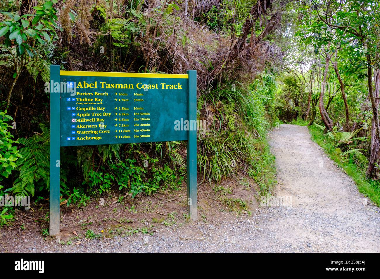 Cartello con le indicazioni per le escursioni sul sentiero della costa di Abel Tasman, cartello escursionistico del Parco nazionale di Abel Tasman, Marahau, South Island, nuova Zelanda, nuova Zelanda Foto Stock