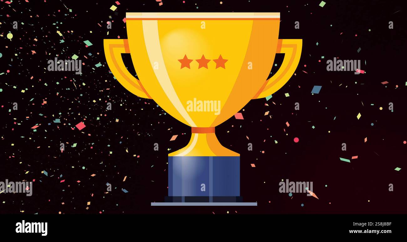 Immagine del trofeo d'oro e coriandoli cadenti su sfondo nero Foto Stock