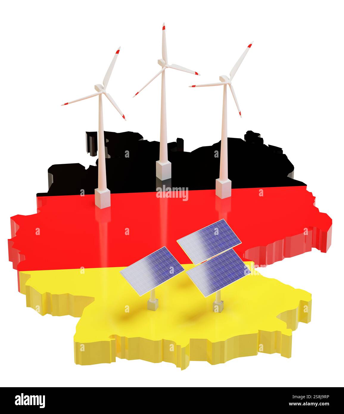 Energia rinnovabile con pannelli solari e turbine eoliche in Germania. Una mappa del colore della bandiera tedesca con pannelli solari e mulini a vento aggiunti. Foto Stock