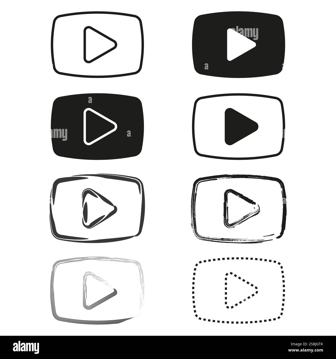 Icona del pulsante di riproduzione. Simbolo del supporto video. Forme disegnate a mano. Set vettoriale minimo. Illustrazione Vettoriale