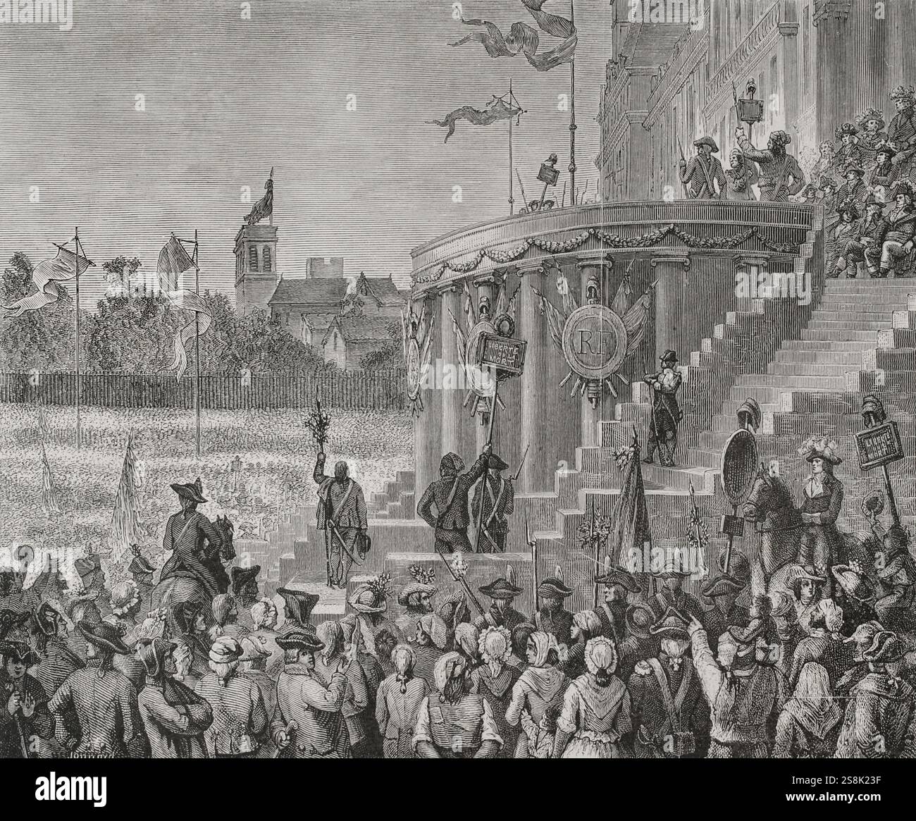 Rivoluzione francese. Festival del Supremo essere sul campo di Marte a Parigi, il 20 di Prairial anno II (8 giugno 1794). Festa civica celebrata durante il regno del terrore. La Convenzione Nazionale istituì il culto dell'essere Supremo, fissando un giorno per la sua prima celebrazione, la 20 Prairial, da celebrare ogni dieci giorni. Robespierre presiede la prima celebrazione, in coincidenza con la sua presidenza della Convenzione. Il design del palcoscenico è stato di Jacques-Louis David. Incisione di Jonnard. "Storia della Rivoluzione francese". Volume i, parte 2, 1879. Foto Stock