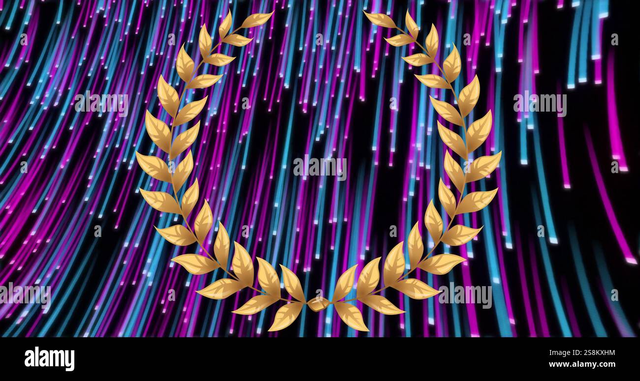 Immagine di una corona d'oro di alloro su tracce di luce rosa e blu cadenti su sfondo nero Foto Stock