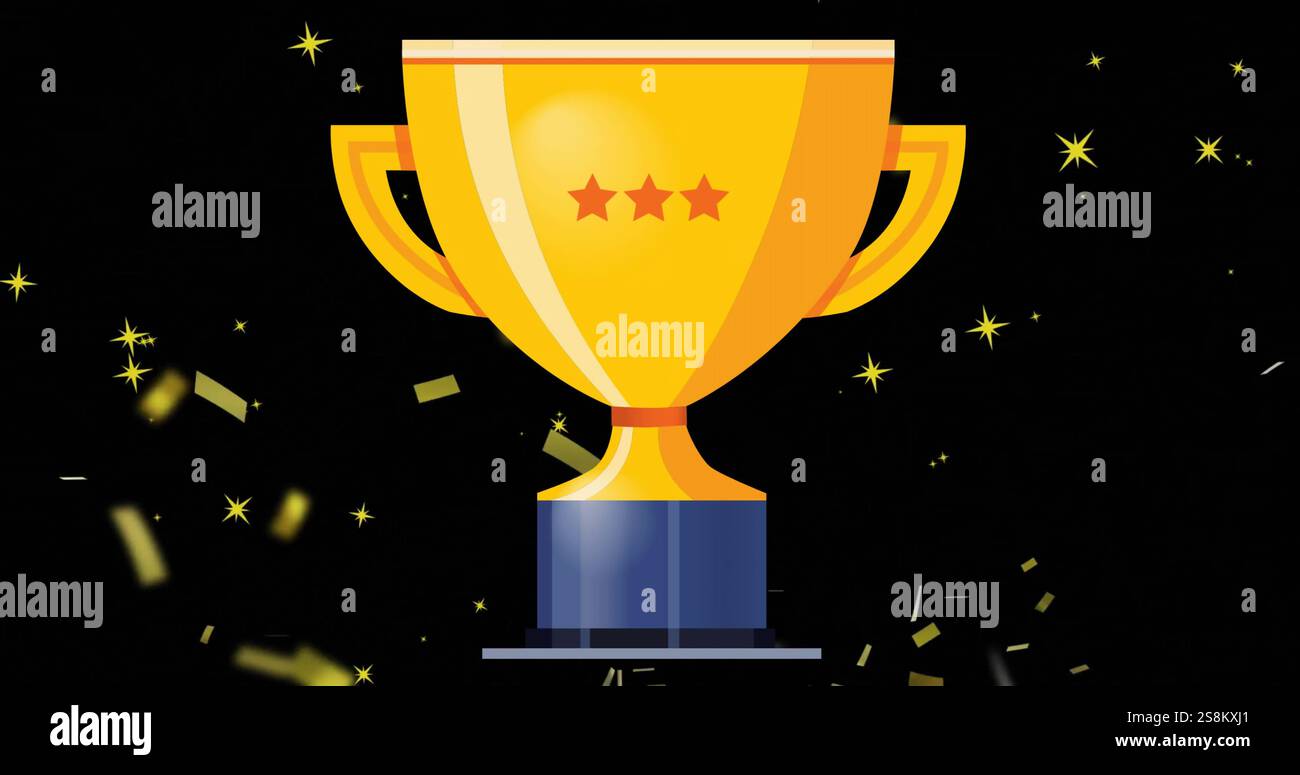 Immagine del trofeo d'oro e coriandoli d'oro cadenti su sfondo nero Foto Stock