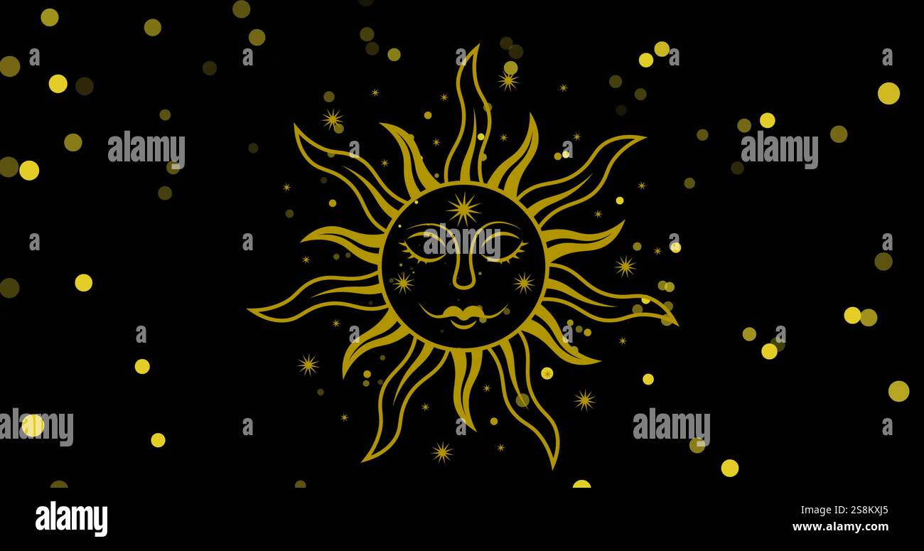 Immagine della faccia dorata del sole e delle macchie luminose gialle su sfondo nero Foto Stock