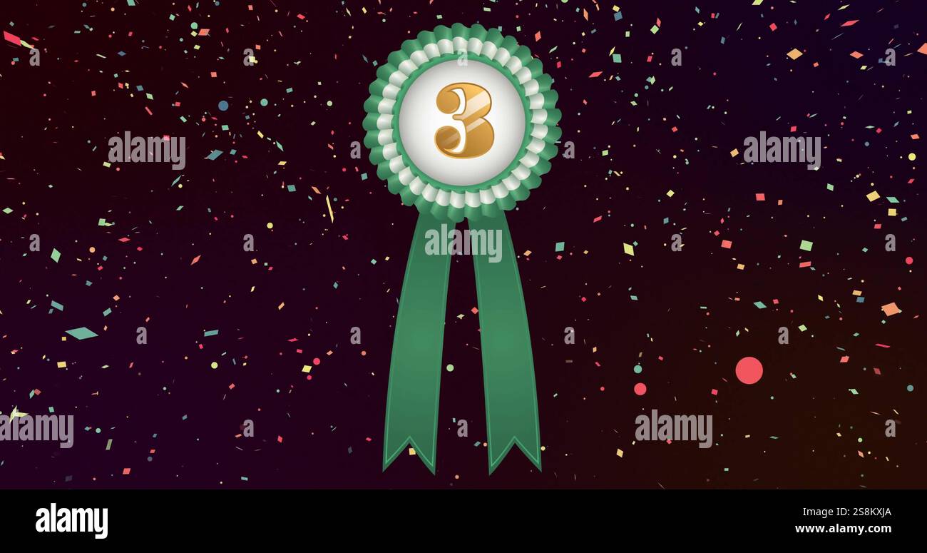 Immagine di rosetta verde e bianca con numero 3 e coriandoli cadenti su sfondo nero Foto Stock