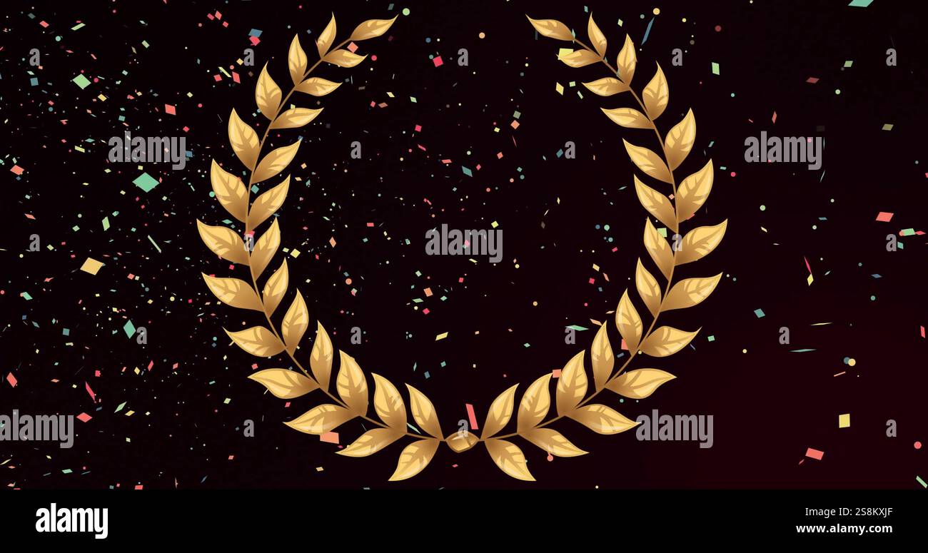 Immagine di corona d'oro e coriandoli cadenti su sfondo nero Foto Stock