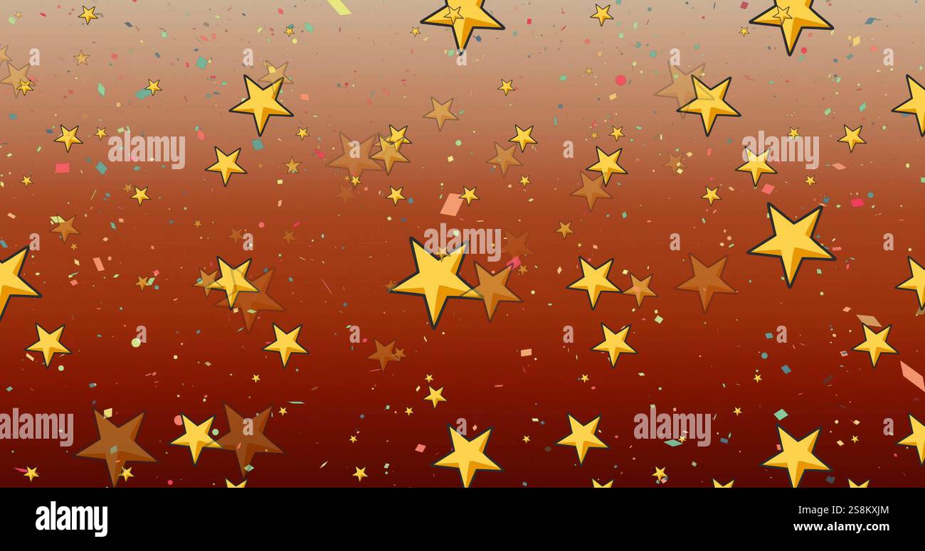 Immagine di stelle gialle su coriandoli cadenti su sfondo arancione scuro Foto Stock