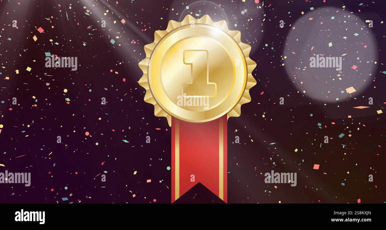 Immagine della medaglia d'oro con numero 1 e nastro rosso con coriandoli cadenti su sfondo nero Foto Stock