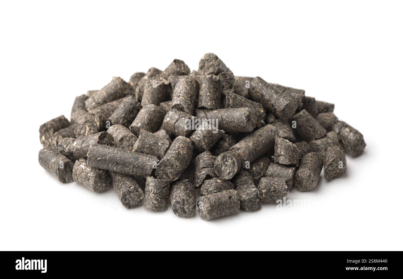 Mucchio di pellet per torte di girasole isolati su bianco Foto Stock Mucchio di pellet per torte di girasole isolati su bianco Foto Stock