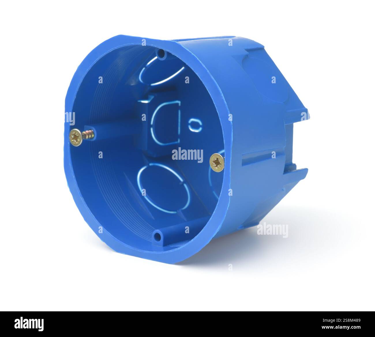 Scatola elettrica rotonda in plastica per montaggio a parete blu isolata su bianco Foto Stock