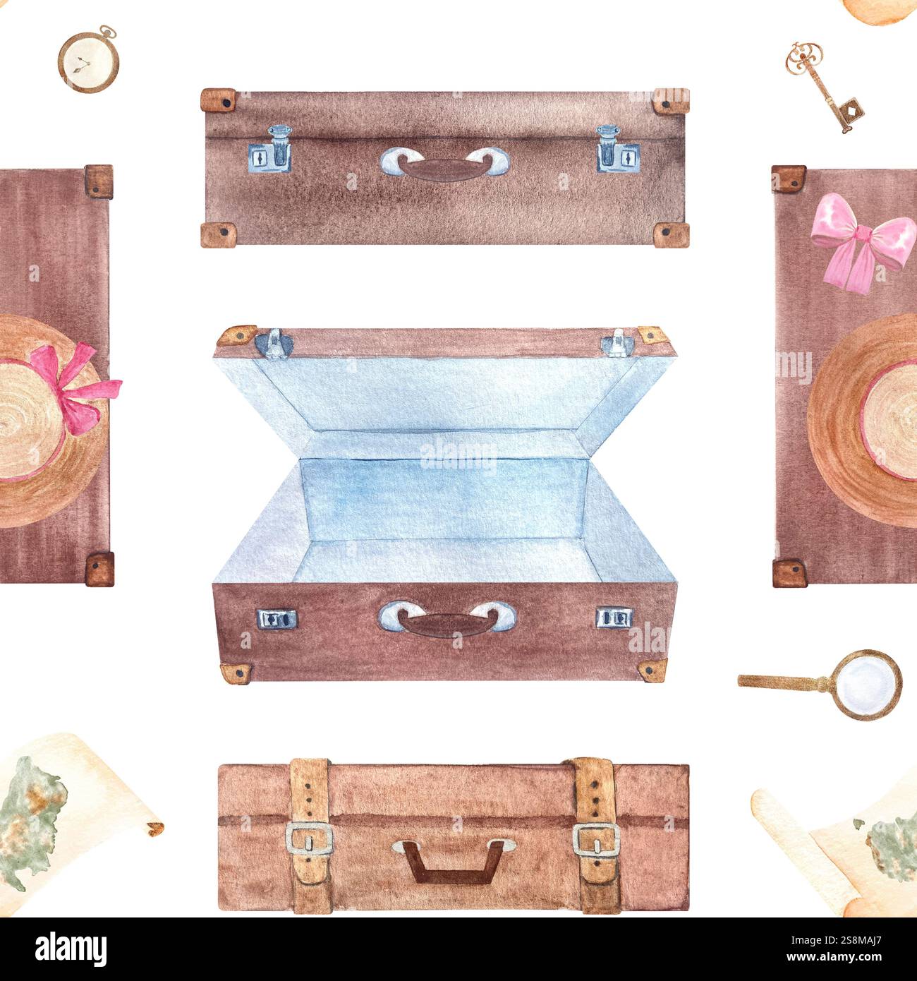 Valigie, pergamena con mappa dell'Australia, cappello da sole, lente d'ingrandimento, acquerello senza cuciture, isolato su bianco. Disegnato a mano per cancelleria, souvenir Foto Stock