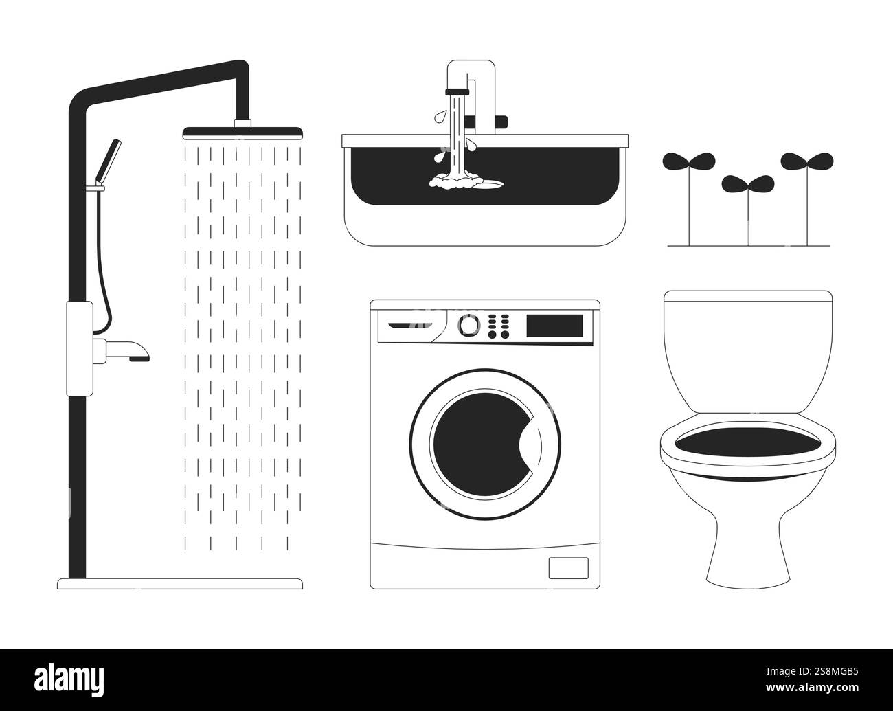 Set di oggetti linea 2D in bianco e nero per impianti d'acqua per uso domestico Illustrazione Vettoriale